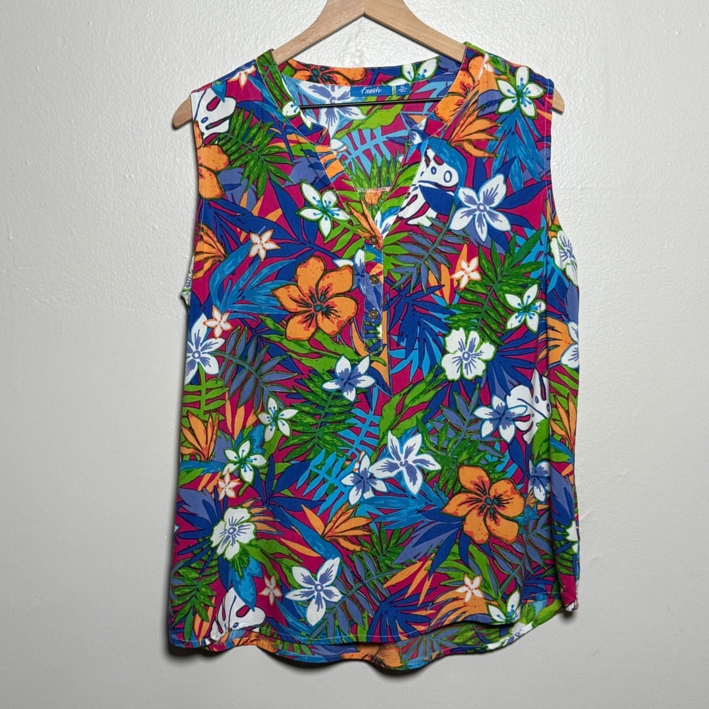 Fresh Womens‎ Sleeveless Blouse XL Blue Pink Tropical Floral Button V-Neck Top